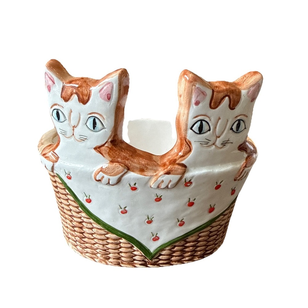 Takahashi JAPAN 2 Kitty Cats in a Basket Ceramic Planter Vintage 4.5" Read